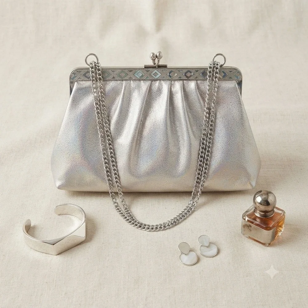 Clutch Bag Womens Small Silver Holographic Metallic Frame Evening Prom